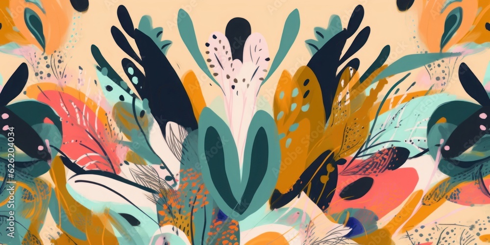 Naklejka premium Hand drawn trendy mixed ethnic style print. Dynamic bright abstract botanical illustration. Fashionable template for design, Generative AI
