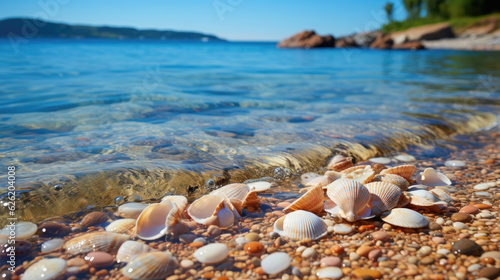 A golden sandy beach under a clear blue sky, dotted with pretty seashells and framed by verdant coastal shrubs.