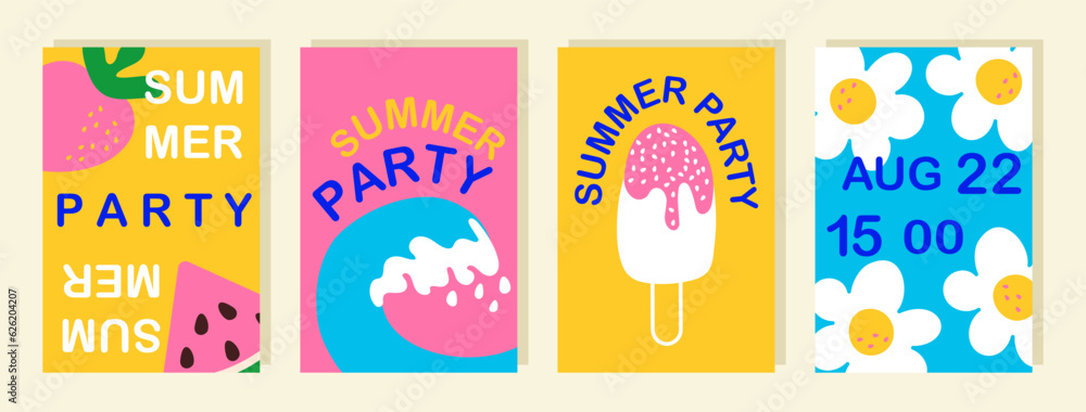 Summer party doodle posters set. Cute simple fruits, sea wave, ice cream, flowers and text. Abstract childish vertical banners, flyers. Vector illustration, elements are isolated
