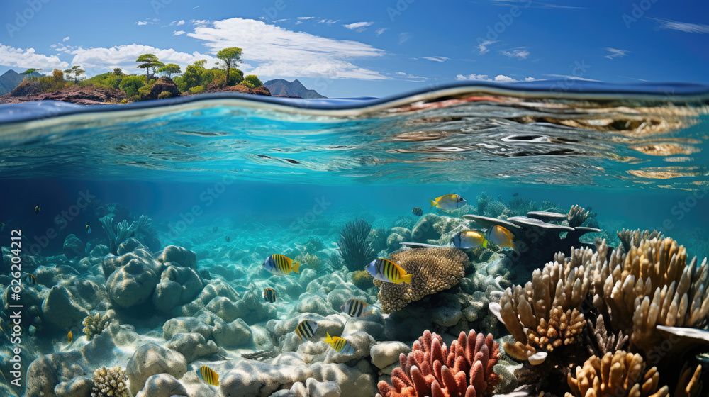 A pristine barrier reef, its top just breaking the surface of the crystal-clear sea under a bright sun.