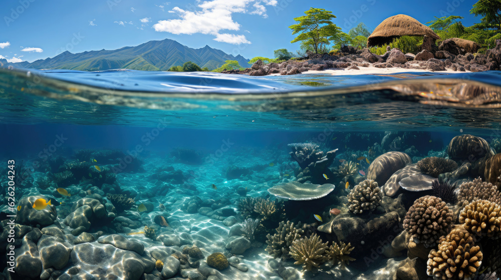 A pristine barrier reef, its top just breaking the surface of the crystal-clear sea under a bright sun.