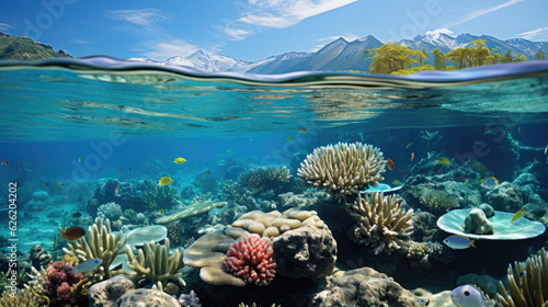 A pristine barrier reef, its top just breaking the surface of the crystal-clear sea under a bright sun. © GraphicsRF