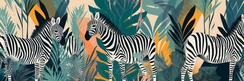 Hand drawn abstract jungle collage pattern with zebras. Artistic vintage style print. Fashionable template for design  Generative AI