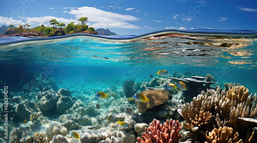 A pristine barrier reef  its top just breaking the surface of the crystal-clear sea under a bright sun.