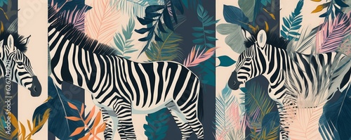 Hand drawn abstract jungle collage pattern with zebras. Artistic vintage style print. Fashionable template for design  Generative AI