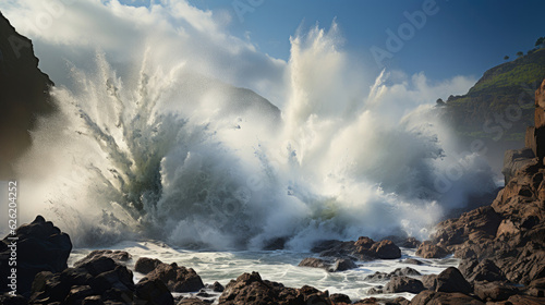 A cliffside battered by a cyclone, sea spray whipping the air and waves gnawing at its base.