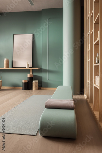 Sala, habitación moderna de entrenamiento de gimnasio, yoga, pilates. Colores pastel. Entorno relajante deportivo para ejercicio y vida saludable. Generative ai.