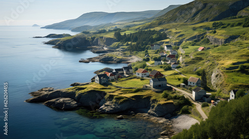 A quaint coastal village with white-washed cottages, nestled among lush green cliffs, overlooking a tranquil bay.