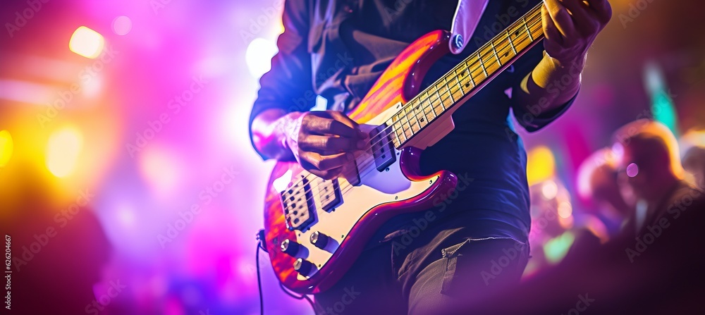 Obraz premium Jazz bass player playing at indoor concert background. Generative AI technology.