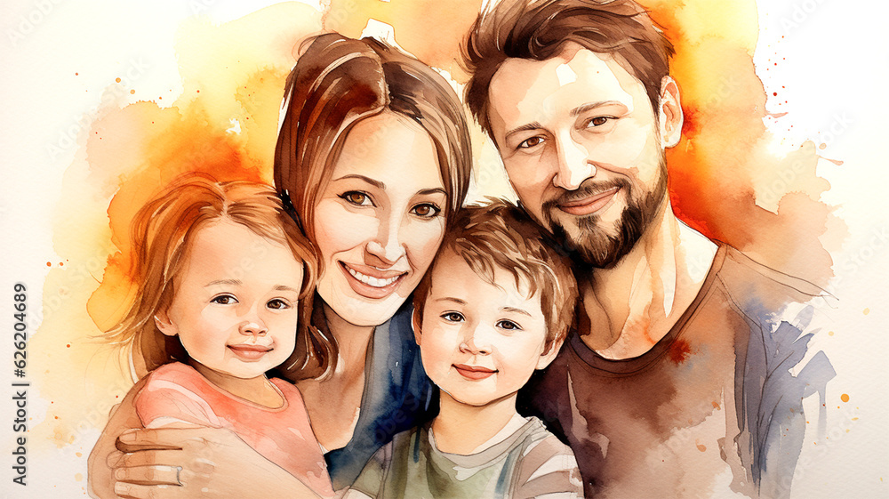 Happy family portrait consist of parents and two children in watercolor