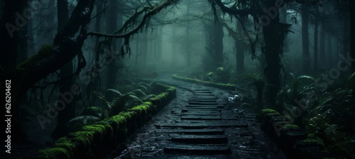 Misty creepy forest path melancholic dark background. Generative AI technology.