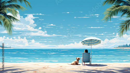 Landscape of beach with white sand, palm trees and back view of woman and dog under umbrella. Holiday by the beach concept © sinseeho