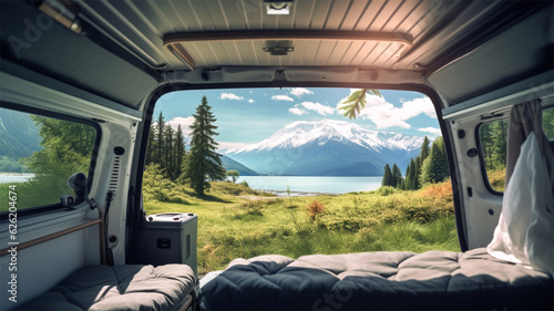 View of beautiful mountain landscape from inside a camper van. Relaxing holiday or road trip concept