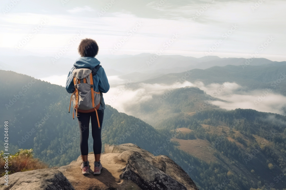 Female traveller with a backpack on top of a mountain with dramatic cloudscape during sunrise. Travel, active lifestyle and winning reaching life goal