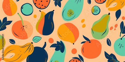 Hand drawn abstract artistic cute fruit pattern. Collage playful contemporary print. Fashionable template for design, Generative AI