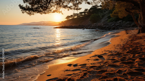 A serene coastal scene featuring a secluded beach, the golden sand glowing under the warm light of the setting sun.