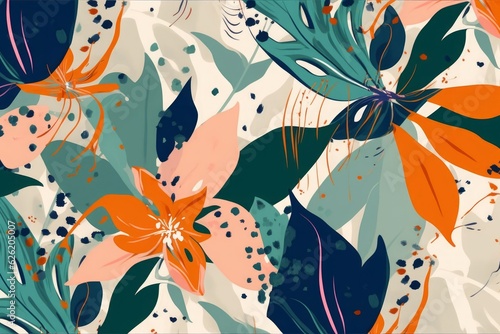 Modern exotic jungle plants illustration pattern. Creative collage contemporary floral seamless pattern. Fashionable template for design, Generative AI © Dhriti