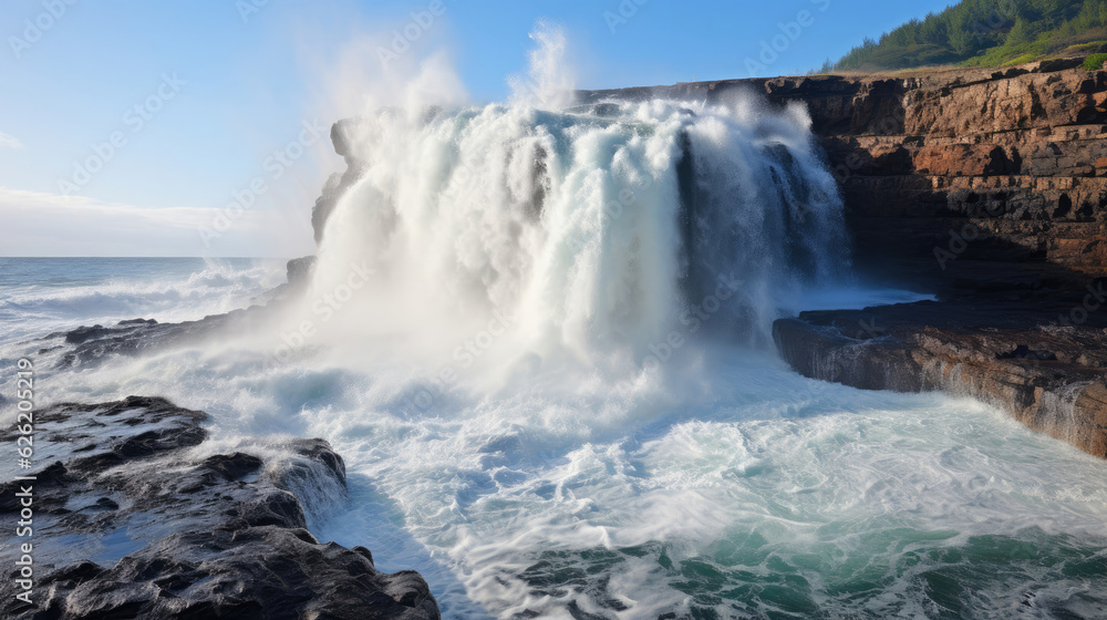 A majestic coastal waterfall cascading into the sea, creating a spectacular display of spray and foam.