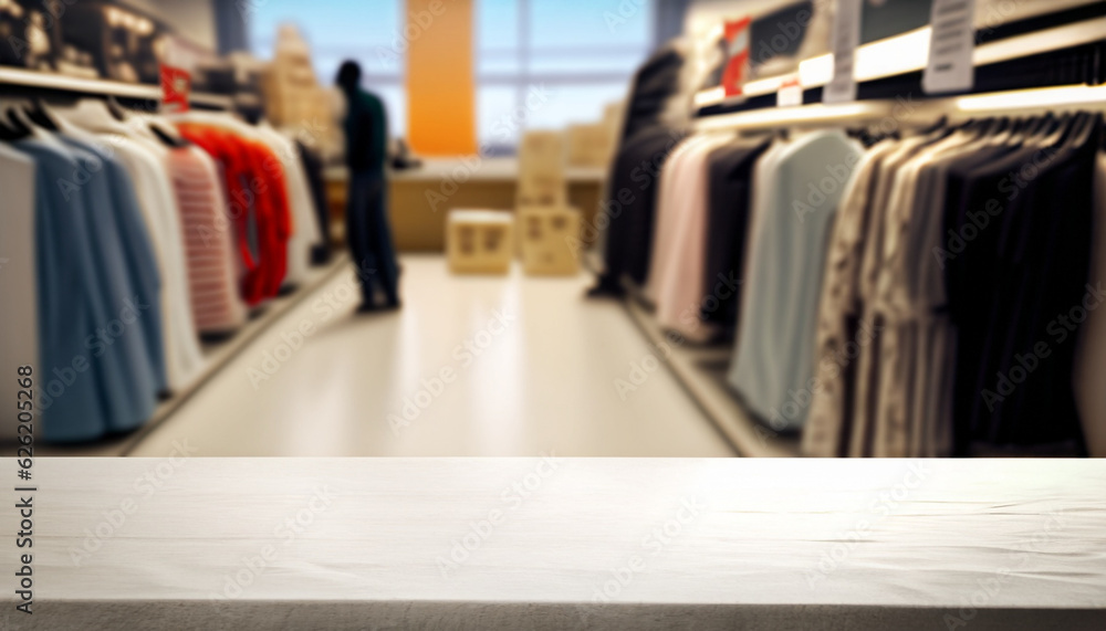 Naklejka premium free space for your decoration, white table with clothes Supermarket on the background out focus, wallpaper.png, Ai Generate 