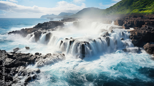 A majestic coastal waterfall cascading into the sea, creating a spectacular display of spray and foam.