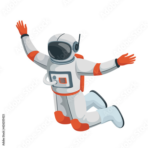 Astronaut in zero gravity vector illustration. Cartoon isolated astronaut character in helmet, jetpack and suit for cosmic flight floating with arms open in weightlessness, spaceman flying and jumping
