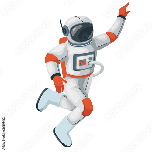 Astronaut flying in zero gravity vector illustration. Cartoon isolated spaceman character floating in weightlessness with hand up, travel of space explorer and astronaut for galaxy exploration