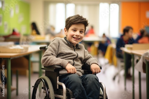Tela Boy in a wheelchair sits in school classroom, generative ai