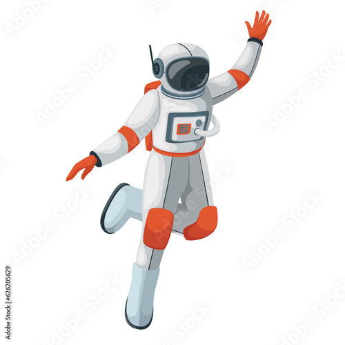 Dance of astronaut flying in zero gravity vector illustration. Cartoon isolated pose of spaceman character dancing with hand up, dancer cosmonaut on cosmic music party, astronaut in weightlessness