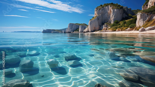 A beautiful beach scene with towering limestone cliffs, their reflections mirrored in the calm, clear sea.