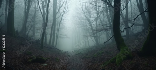 Foggy forest horror melancholic background. Generative AI technology.