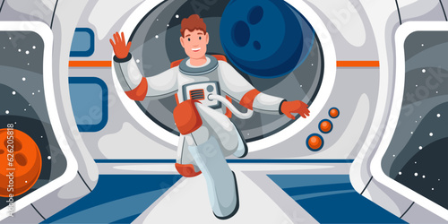 Astronaut flying in zero gravity inside spaceship vector illustration. Cartoon man astronaut floating in cockpit of starship between portholes into outer space, planets and stars in window of shuttle