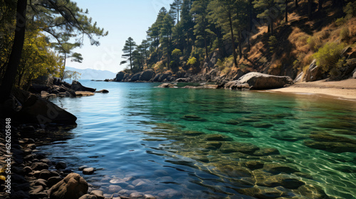 A secluded cove  hidden by a dense forest  with turquoise waters lapping at its sandy shore.