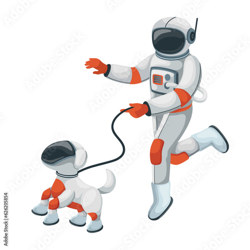 Astronaut flying in zero gravity with dog vector illustration. Cartoon isolated spaceman holding leash for weightless space walk with pet, man and puppy characters floating in spacesuits and helmets