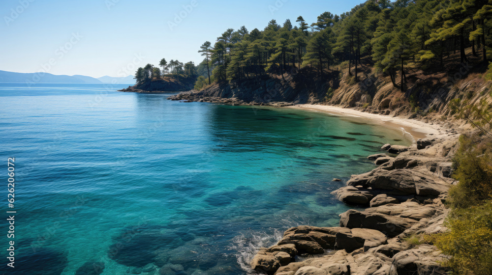 A beautiful coastal view featuring a turquoise sea, bordered by a dense forest of lush, green pines. A beautiful coastal view featuring a turquoise sea, bordered by a dense forest of lush, green pines.