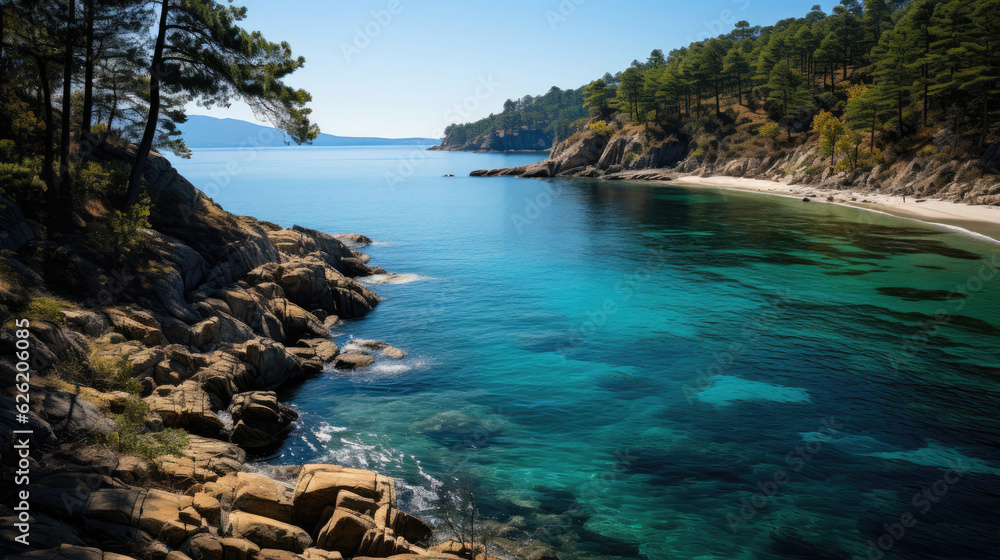 A beautiful coastal view featuring a turquoise sea, bordered by a dense forest of lush, green pines. A beautiful coastal view featuring a turquoise sea, bordered by a dense forest of lush, green pines.