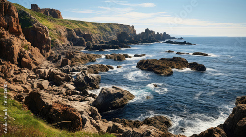 The view from the edge of a steep cliff, overlooking a rugged, rocky coast under the relentless sun.