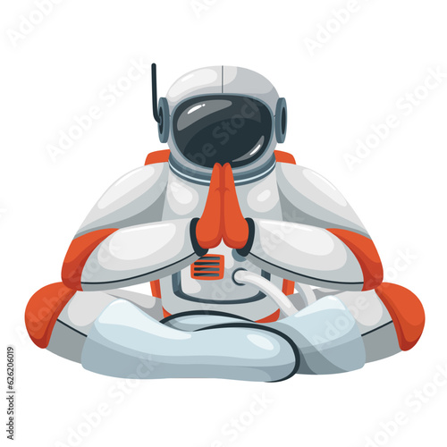 Astronaut sitting in yoga pose vector illustration. Cartoon isolated spaceman in spacesuit and helmet floating to meditate in lotus asana, spiritual zen meditation of astronaut in zero gravity