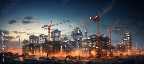 Urban building construction sites and tower cranes. Generative AI technology.