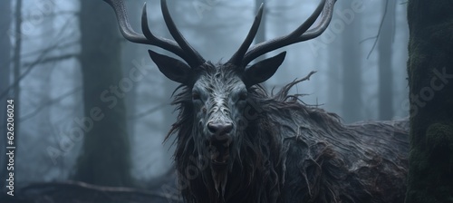 Deer head evil creepy creature at haunted foggy forest background. Generative AI technology.