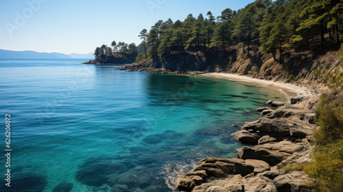 A beautiful coastal view featuring a turquoise sea  bordered by a dense forest of lush  green pines.
