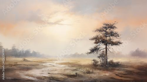 vintage oil painting sunset lonely tree nature landscape. Generative AI photo