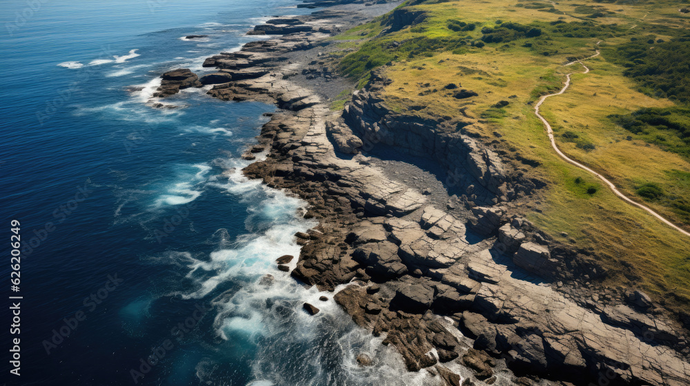 An aerial view of a winding coastal path, etched into the grassy cliff side, leading to the endless ocean. An aerial view of a winding coastal path, etched into the grassy cliff side, leading to the endless ocean.
