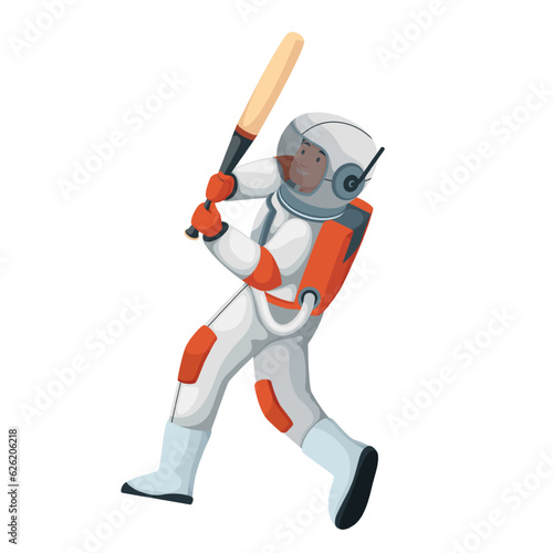 Astronaut playing baseball vector illustration. Cartoon isolated hitter spaceman in spacesuit and helmet swinging with bat, astronaut baseball player running and jumping in zero gravity to hit ball