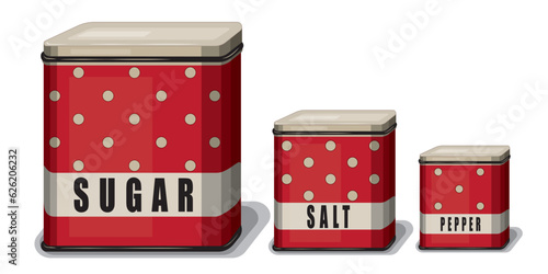 Three cans for spices, for sugar, for salt and pepper, polka dot red metal jars for sugar in retro style