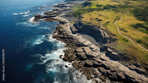 An aerial view of a winding coastal path, etched into the grassy cliff side, leading to the endless ocean.