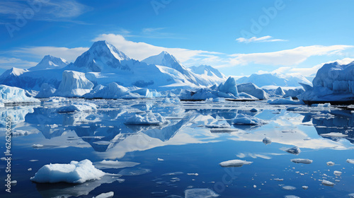 The frigid beauty of an Antarctic coast  icebergs looming over the freezing  crystal-blue ocean under the twilight sky.