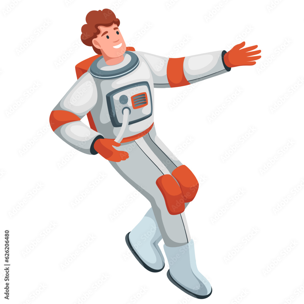 Astronaut pointing hand vector illustration. Cartoon isolated happy spaceman character in astro suit and without helmet floating in zero gravity inside spacecraft, cosmic flight pose of astronaut