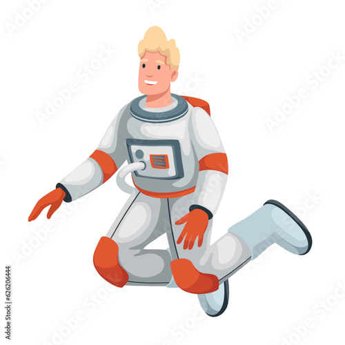 Spaceman floating vector illustration. Cartoon isolated astronaut in spacesuit and without helmet flying in zero gravity inside spaceship, man with happy face jumping in weightlessness of space