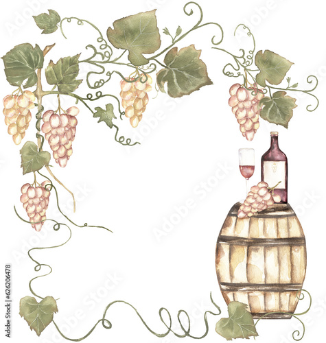 Wallpaper Mural Green grapes wreath clipart, harvest and wine bottle. Watercolor hand painted grapes and wooden barel frame. Italian vinery concept design. French wine border illustration. Autumn fruits harvest Torontodigital.ca