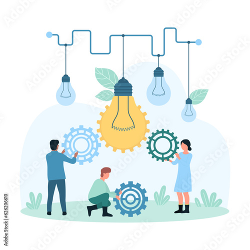 Creative business idea, implementation of innovation vector illustration. Cartoon tiny people develop configuration of gearwheels and customize settings of gear and light bulb, implement invention